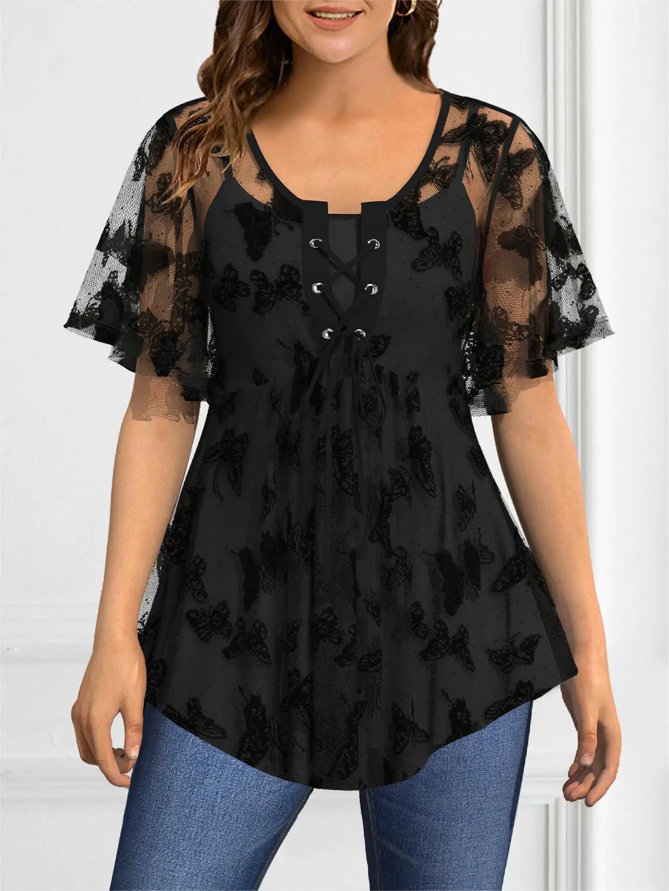 Casual Butterfly Lace-Up Sheer Top