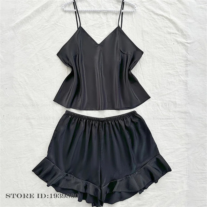 Plus Size 3XL 4XL 5XL Pajamas 2Pcs Set Sexy Strap Top&shorts Pijamas Suit Lingerie Summer Satin Sleepwear Print Flower Homewear