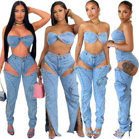 Denim 2 Piece Halter Top Hollow Out Jeans Set