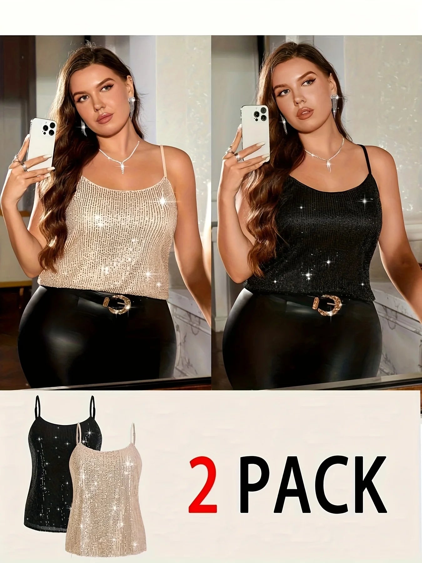 Plus size women's suit elegant sequin vest party camisole top holiday date women's vest two-piece set can be worn in all seasons