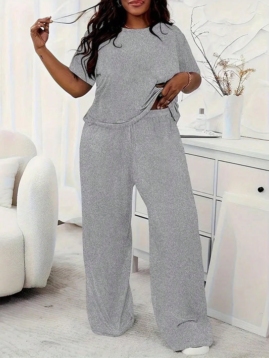 Plus Size Two Piece Summer Casual Solid Colour Tops, Yoga Wear Exercise Set, Tops and Pants
