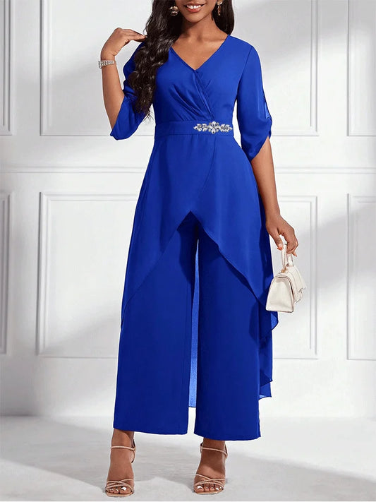 Elegant 2 Piece V-Neck Loose Pants Set