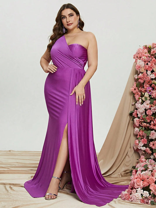 Plus Size Elegant One Shoulder Satin Mermaid Prom Dresses