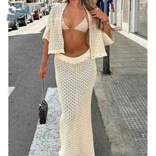ALLUKASA Knitted Hollow Out Women Skirt Sets Single Breasted Short Sleeve Cardigan Long Skirts Fashion Casual Beach 2 Piece Sets