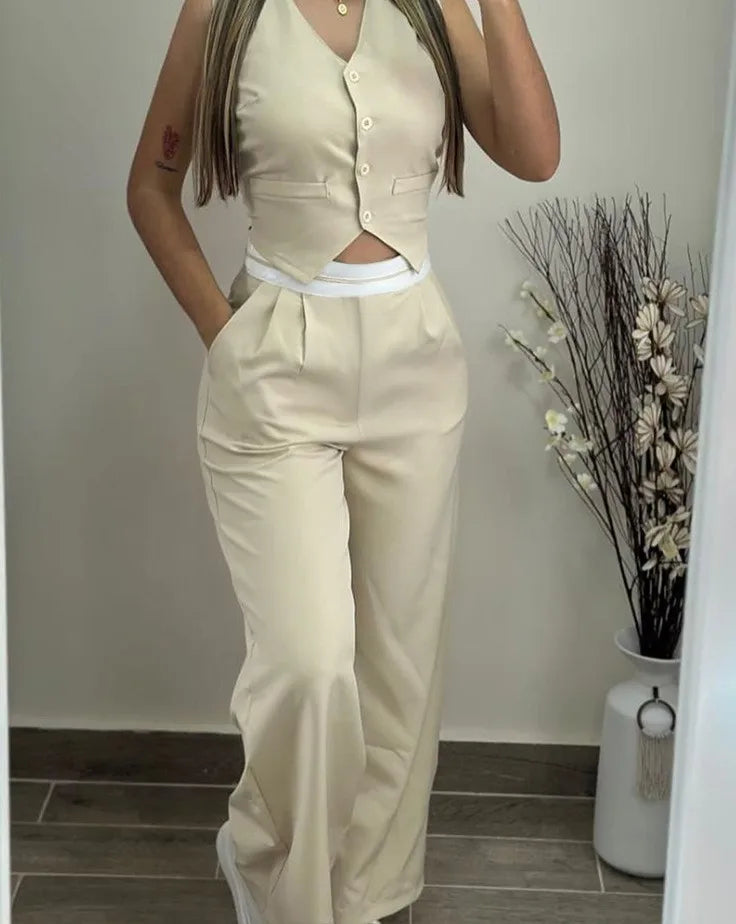 Elegant Two Piece Sets For Women 2025 Summer Buttoned Vest Top & Pocket Decor High Waist Wide Straight Leg Pants Set Streetwear