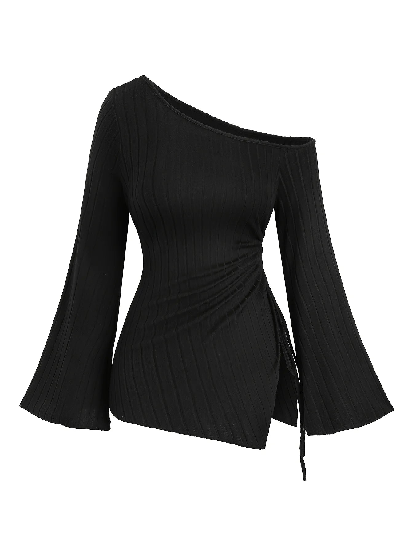 European and American fashion plus-size women's spring and autumn asymmetric tail long-sleeve off-shoulder T-shirt