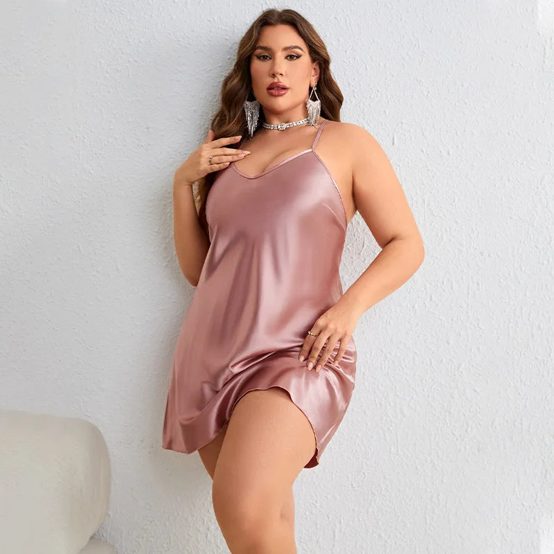Plus Size 3Xl 4Xl 5Xl Nightdress Silk Satin Lingerie Women Leisure Chemise Sleepwear Loose Nightgown Summer New Nighty Dress
