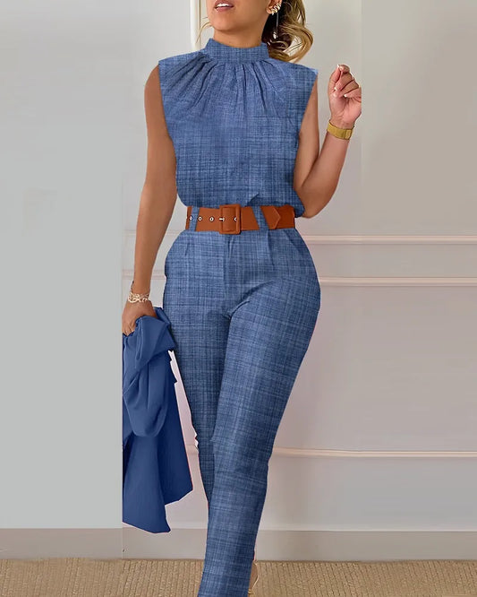 Two Piece Sets Womens Outifits 2023 Summer Fashion Denim Look Print Ruched Sleeveless Waist Pocket Pants Set