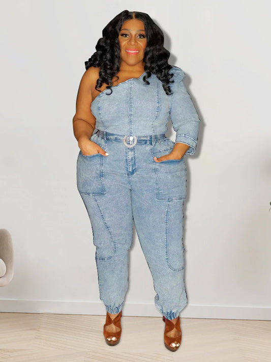2 Piece One Shoulder Top Elastic Denim Set
