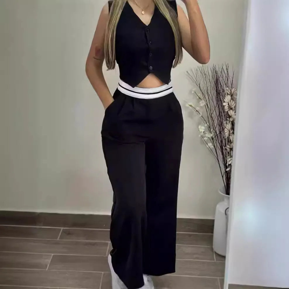Elegant Two Piece Sets For Women 2025 Summer Buttoned Vest Top & Pocket Decor High Waist Wide Straight Leg Pants Set Streetwear
