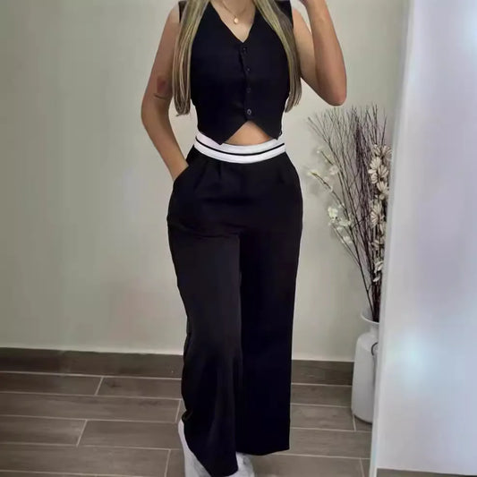 Elegant Two Piece Sets For Women 2025 Summer Buttoned Vest Top & Pocket Decor High Waist Wide Straight Leg Pants Set Streetwear