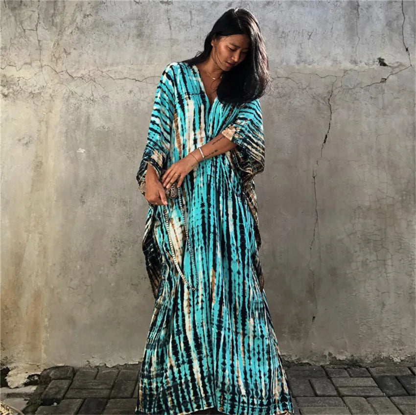 Plus Size Boho Cover Up Dress, Women's Plus Colorblock Floral Print Bat Sleeve V Neck Slight Stretch Split Cover Up Dress
