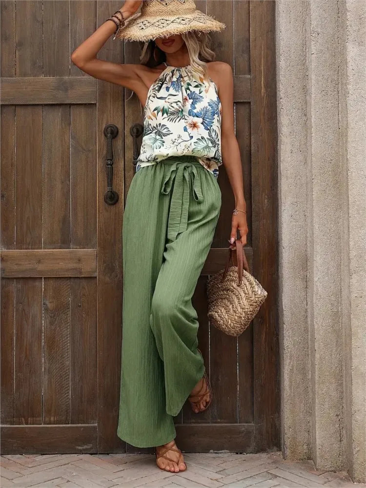 Fashion Printed Sleeveless Top Pants Two-piece Set For Spring Summer New Sexy Hanging Neck Vest Pants Women's Set