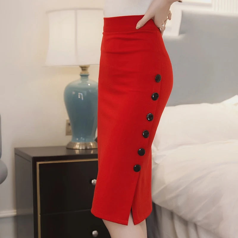 Summer Elegant Midi Skirt Women Skirt 5XL Plus Size Sexy Slit Women's Versatile Bodycon Pencil Skirt Fashion Button Streetwear