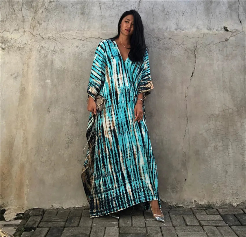 Plus Size Boho Cover Up Dress, Women's Plus Colorblock Floral Print Bat Sleeve V Neck Slight Stretch Split Cover Up Dress