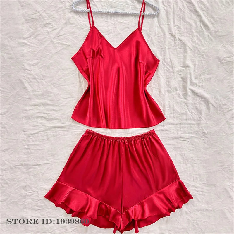 Plus Size 3XL 4XL 5XL Pajamas 2Pcs Set Sexy Strap Top&shorts Pijamas Suit Lingerie Summer Satin Sleepwear Print Flower Homewear