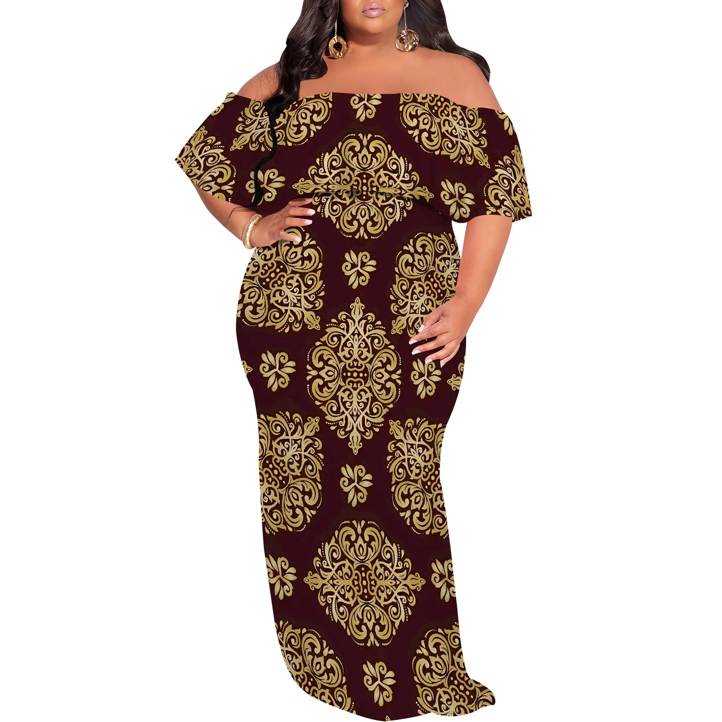 Plus Size Elegant Off Shoulder Dress for Women African Inspired Pattern Long Evening Gown