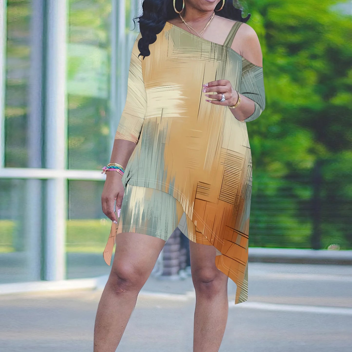 Plus Size Women Irregular Two Piece Set Orange and Green Abstract Print Top and Shorts Casual Set