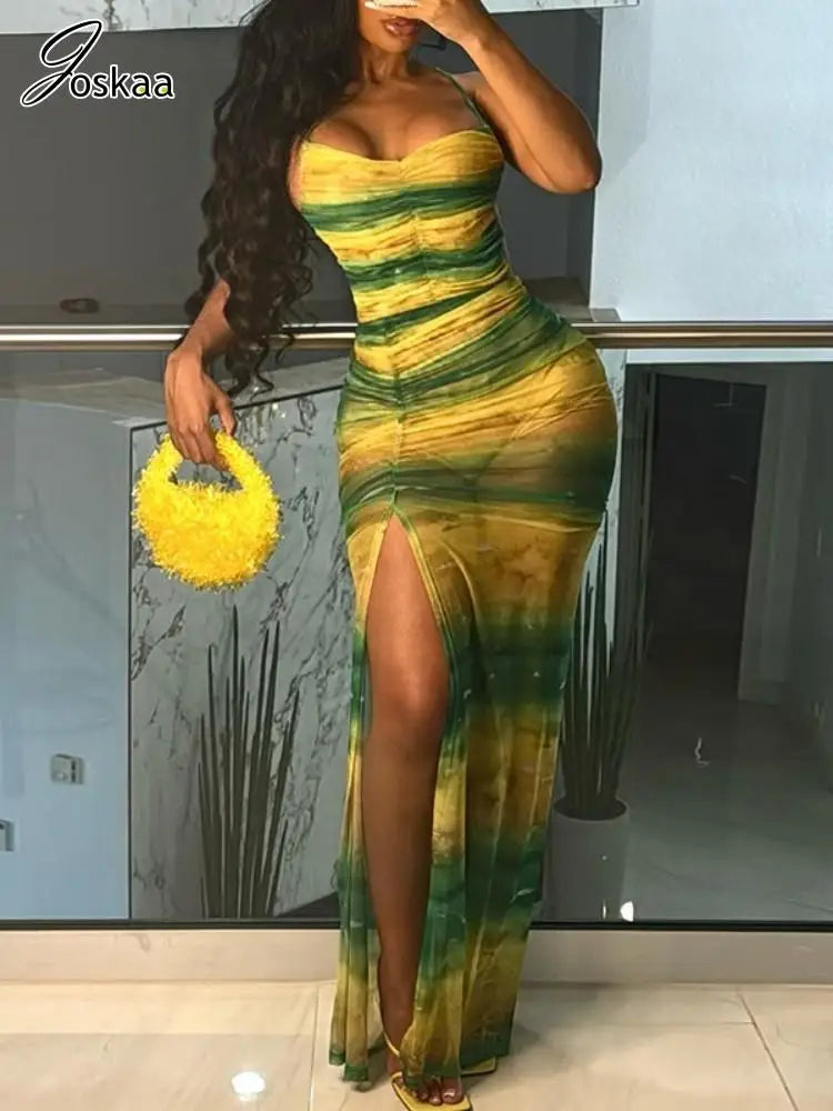 Joskaa Print Mesh See Through Long Vacation Dress Women Sexy Spaghetti Strap High Split Backless Bodycon Vestidos Party Clubwear