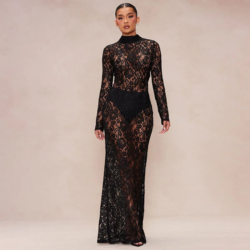 Fashion Sexy Long Sleeve Hollow Out Lace Long Dress for Women Elegant See-through Bodycon Wedding Party Dresses Evening Gown