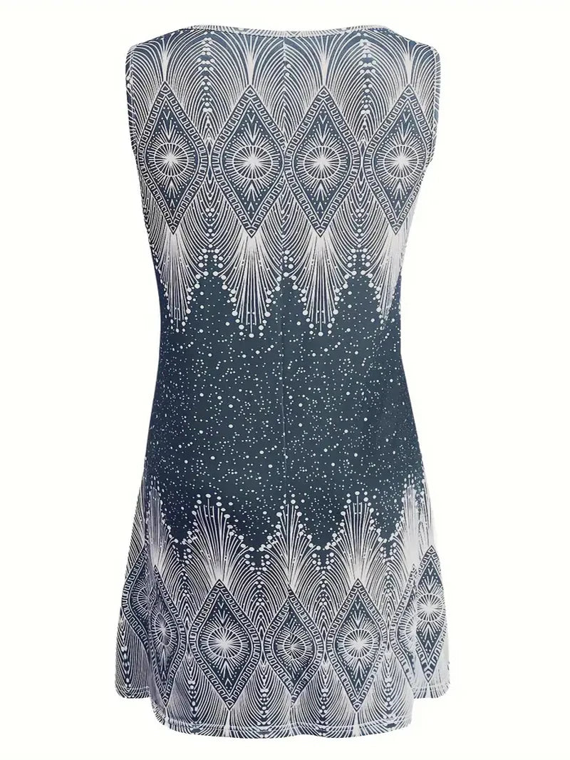 Plus-size women's summer sleeveless V-neck retro printed elegant dress