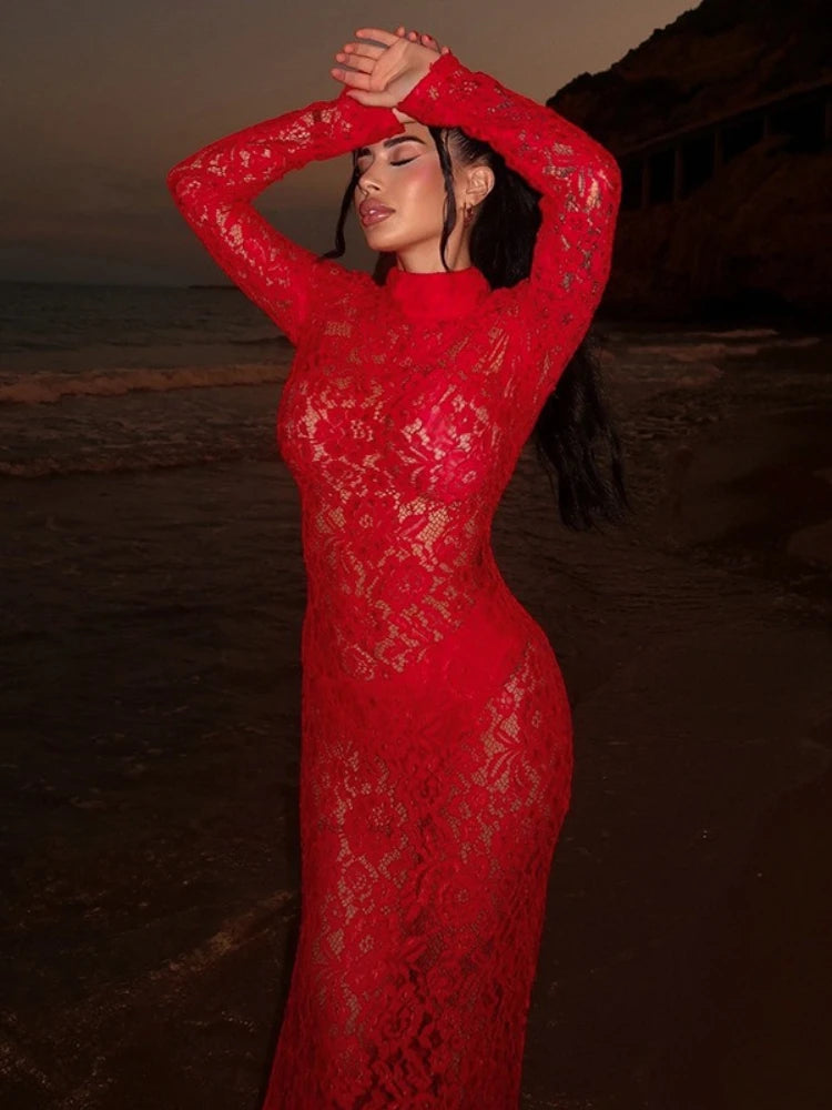 Fashion Sexy Long Sleeve Hollow Out Lace Long Dress for Women Elegant See-through Bodycon Wedding Party Dresses Evening Gown