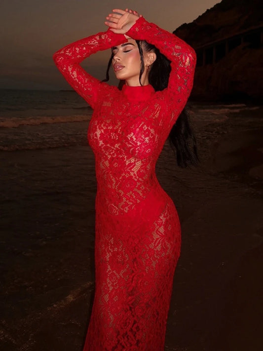 Fashion Sexy Long Sleeve Hollow Out Lace Long Dress for Women Elegant See-through Bodycon Wedding Party Dresses Evening Gown