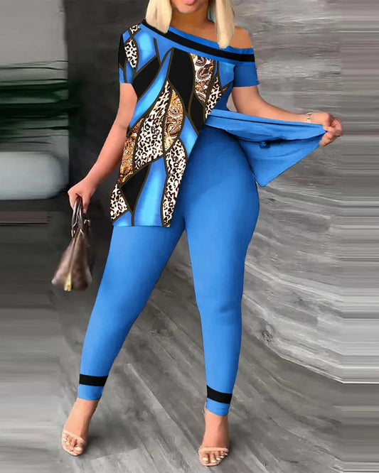 2 Piece Fashion Printed Ruffle Sleeve Pants Set