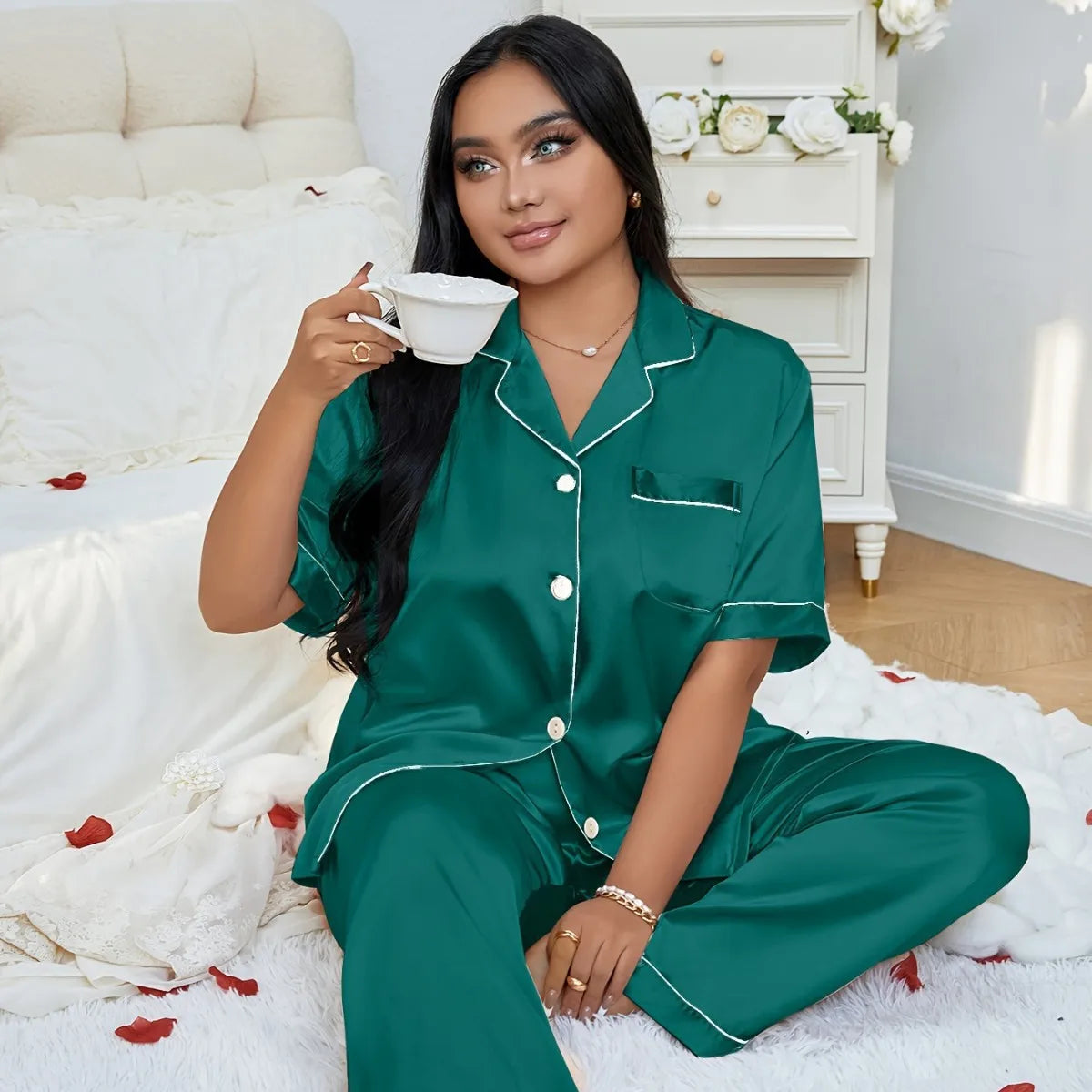 Plus Size 3XL 4XL 5XL Women's Sleepwear Pajamas Set Spring Summer Short Sleeve Trouser Suits Loungewear Loose Satin Homewear