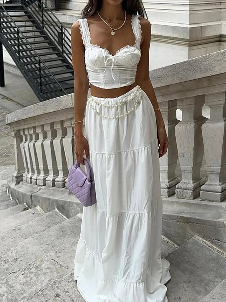 Summer Sexy Women Beach Skirt Two Piece Set Pink Slim Short Tops And Skirt Matching Suit Femme Party Club Skirt Outfit 2PCS Sets