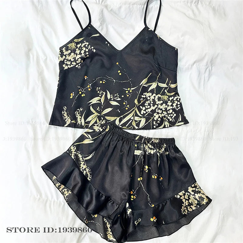Plus Size 3XL 4XL 5XL Pajamas 2Pcs Set Sexy Strap Top&shorts Pijamas Suit Lingerie Summer Satin Sleepwear Print Flower Homewear