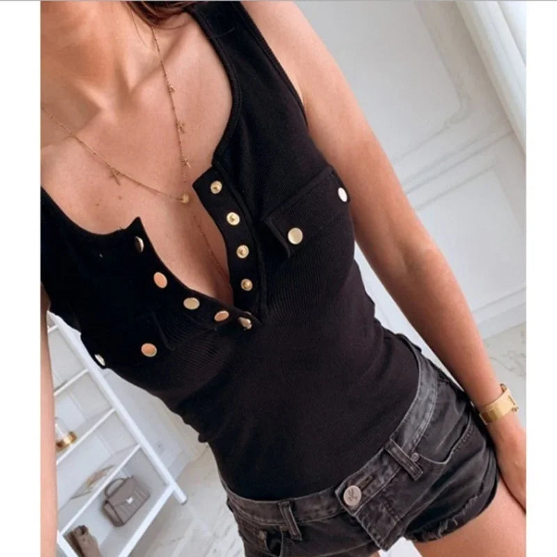 S-5XL New Casual Vest Blouse Ladies Fashion Tank Tops Summer Women's Fashion Slim Sexy Button Shirt Cotton Sleeveless T-shirt