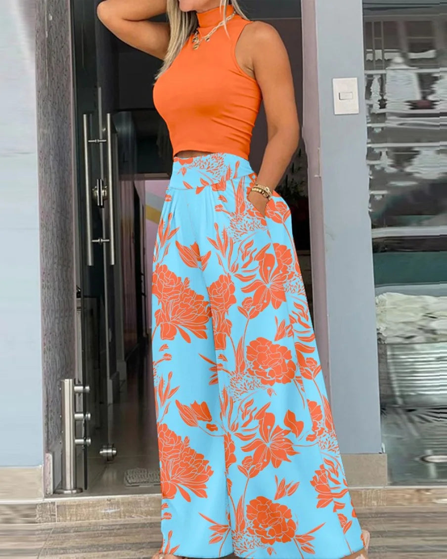 Sleeveless Turtleneck Pants 2 Piece Set