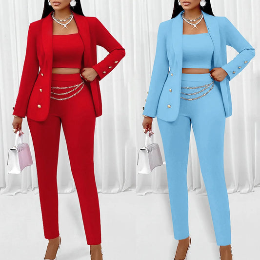 3 Piece Strapless Crop Top Collar Coat & Pants Set