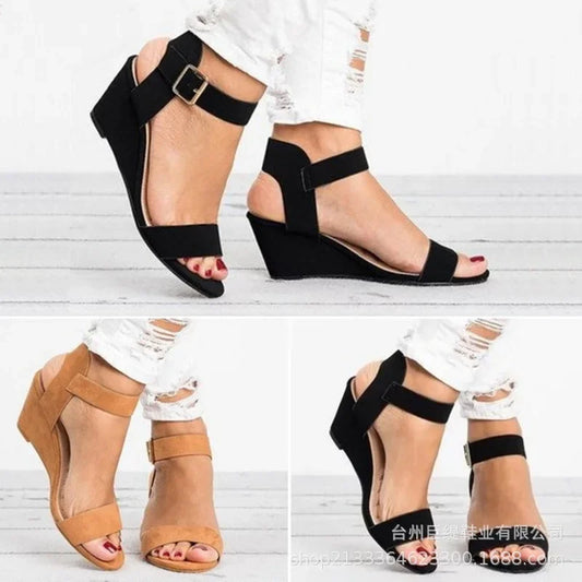 Low Wedge Buckle Strap Suede Sandals