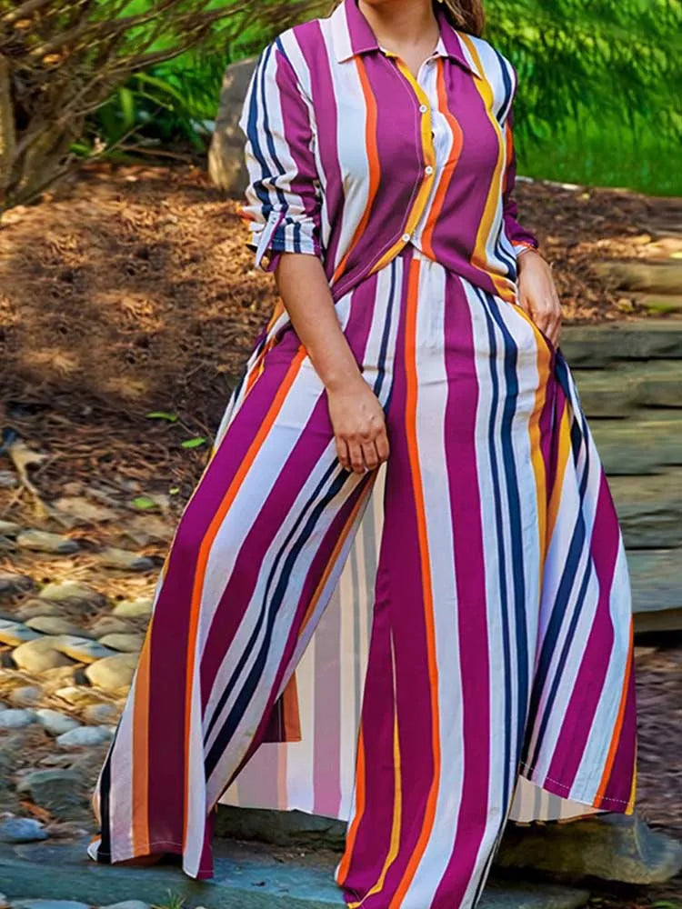 Elegant 2-piece Sets for Women Fall Winter Outfits Pants Suit with Long Shirt Blouse Full Sleeve Striped Plus Size Matching Sets
