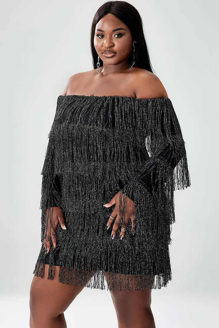 Plus Size Homecoming Dress Black Off The Shoulder Fringe Mini Party Dress