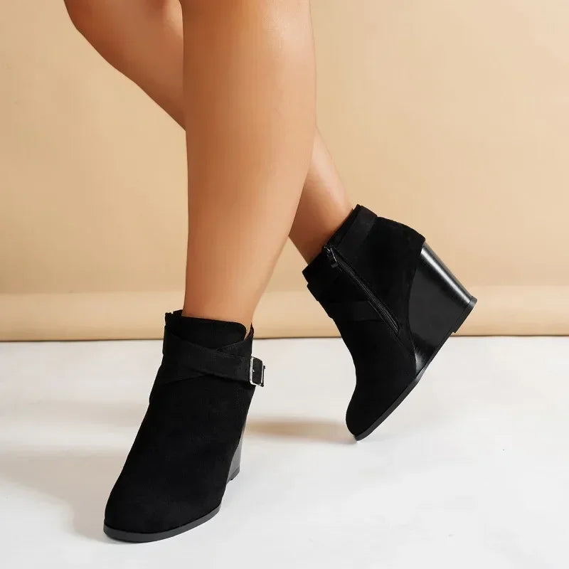 Suede Side Zip Ankle Wedge Boots