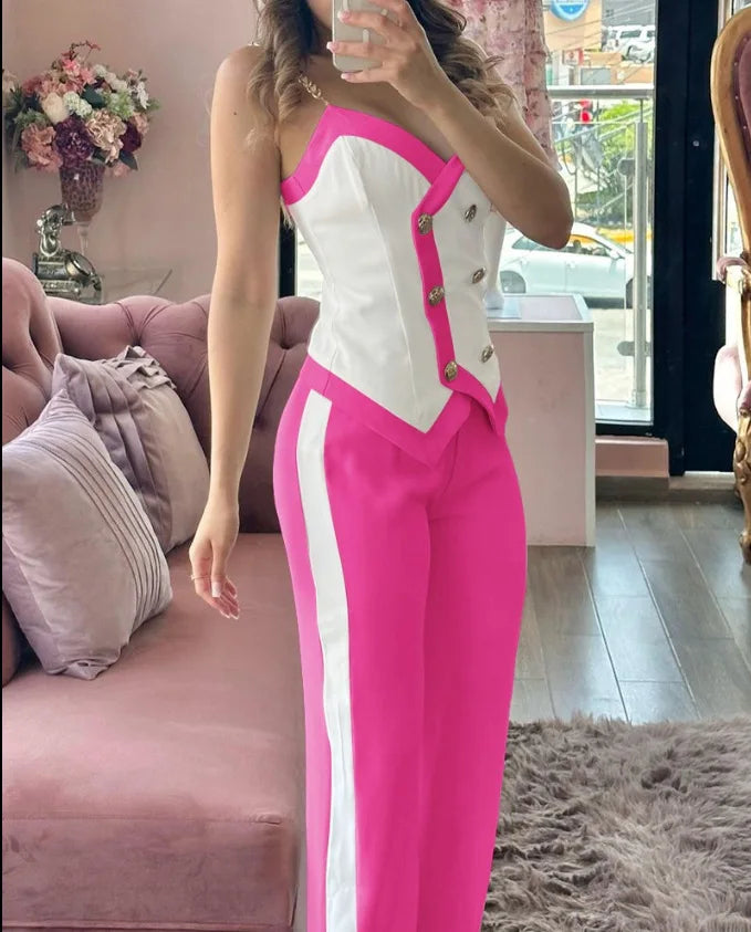 Sexy Women's 2-Piece Suit Summer Fashion Double Breasted Chain Strap Slim Top Straight Leg Long Pants Set For Women Sports Suit