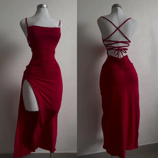 2025 Dress Women Elegant Fashion Beautiful Women's Dress Sexy Women's Bodycon Sleeveless Halter Back Tie Backless Split Dresses