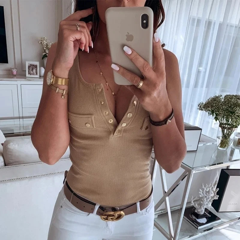 S-5XL New Casual Vest Blouse Ladies Fashion Tank Tops Summer Women's Fashion Slim Sexy Button Shirt Cotton Sleeveless T-shirt