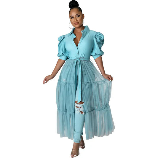 Plus-size Fashion Dress for Women Casual Solid Shirtdress Women Short-sleeved Shirt Single-breasted Lazy Robes Summer Clothing