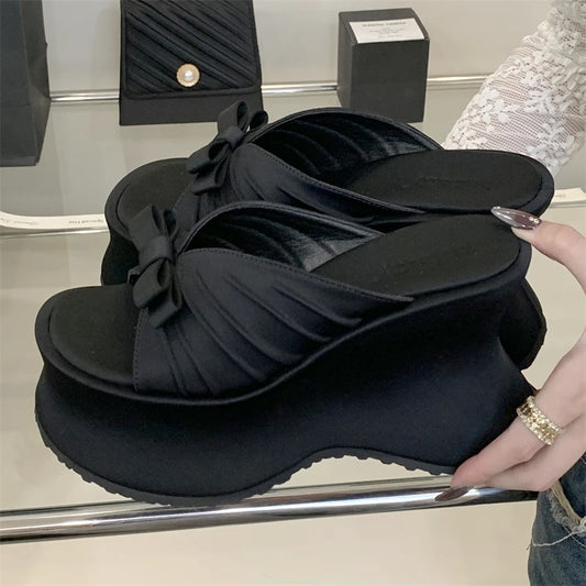 Eilyken Sexy Leopard Print Butterfl-Knot Platform Wedges Women's Slippers Street Style Summer High Heels Banquet Shoes