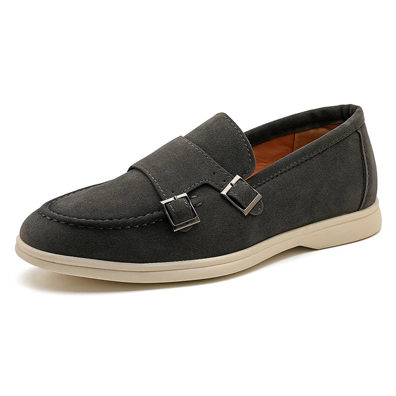 Suede Leather Men's Business Casual Shoes Handmade Double Buckle Loafers Leisure Slip on Flats Outdoor Male Driving Moccasins