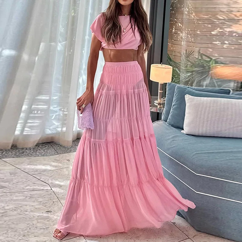 Summer Sexy Women Beach Skirt Two Piece Set Pink Slim Short Tops And Skirt Matching Suit Femme Party Club Skirt Outfit 2PCS Sets