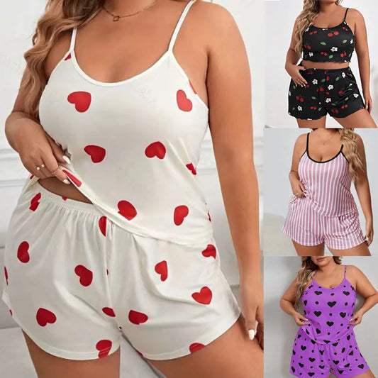Sur plus size heart print women pajama set sleeveless XL XXL XXXL elastic waist shorts 2 pieces female sleepwear nightwear