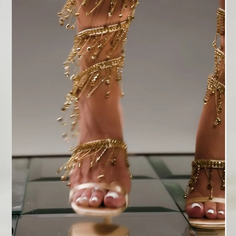 Aneikeh 2026 Fashion Sexy Rhinestone String Bead Ankle Strap High Heels Women Summer Silk Round Toe Open Toe Sandals Party Dress