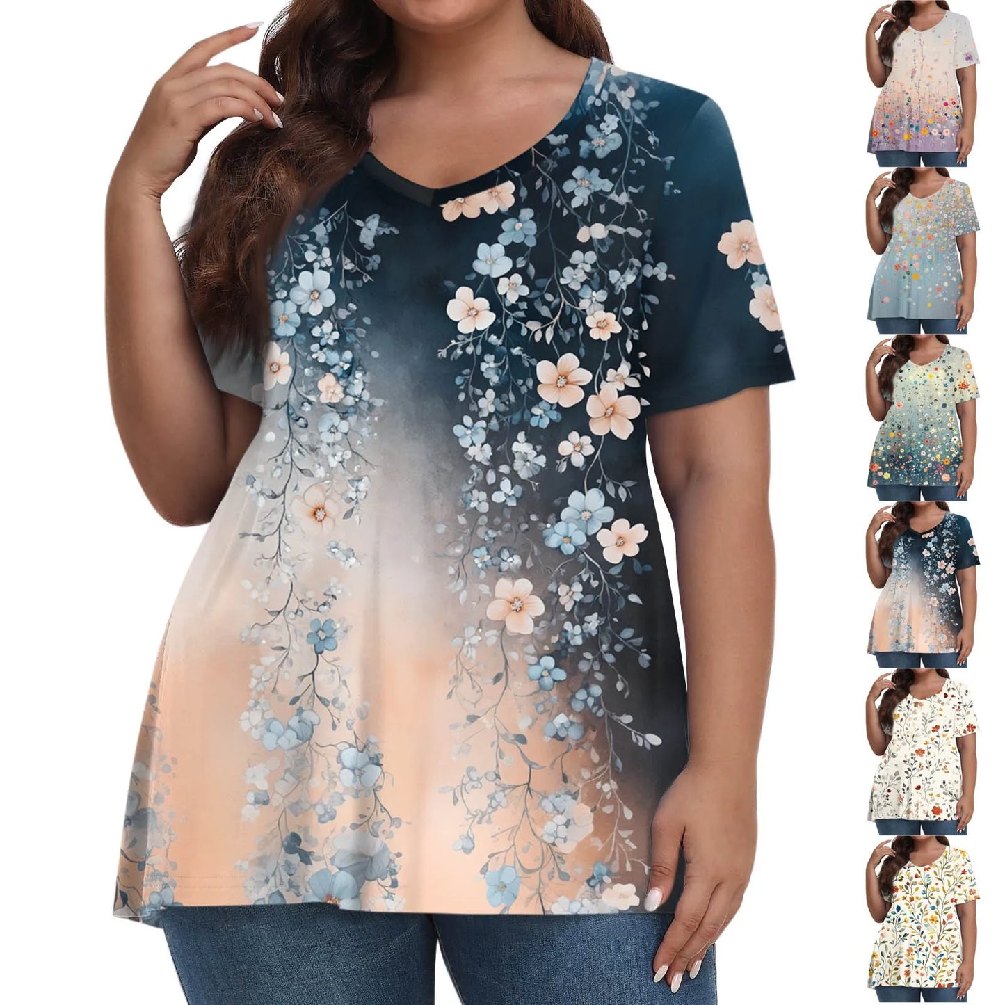 Plus size summer loose t shirt women's fashion casual v neck pullover short sleeve large size floral printed t-shirts top