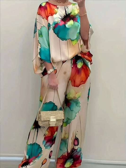 Plus Size 1XL-5XL Women Relaxed Fashion Floral Print Round Neck Top Long Pants Sets Ladies Casual Two-pieces Sets