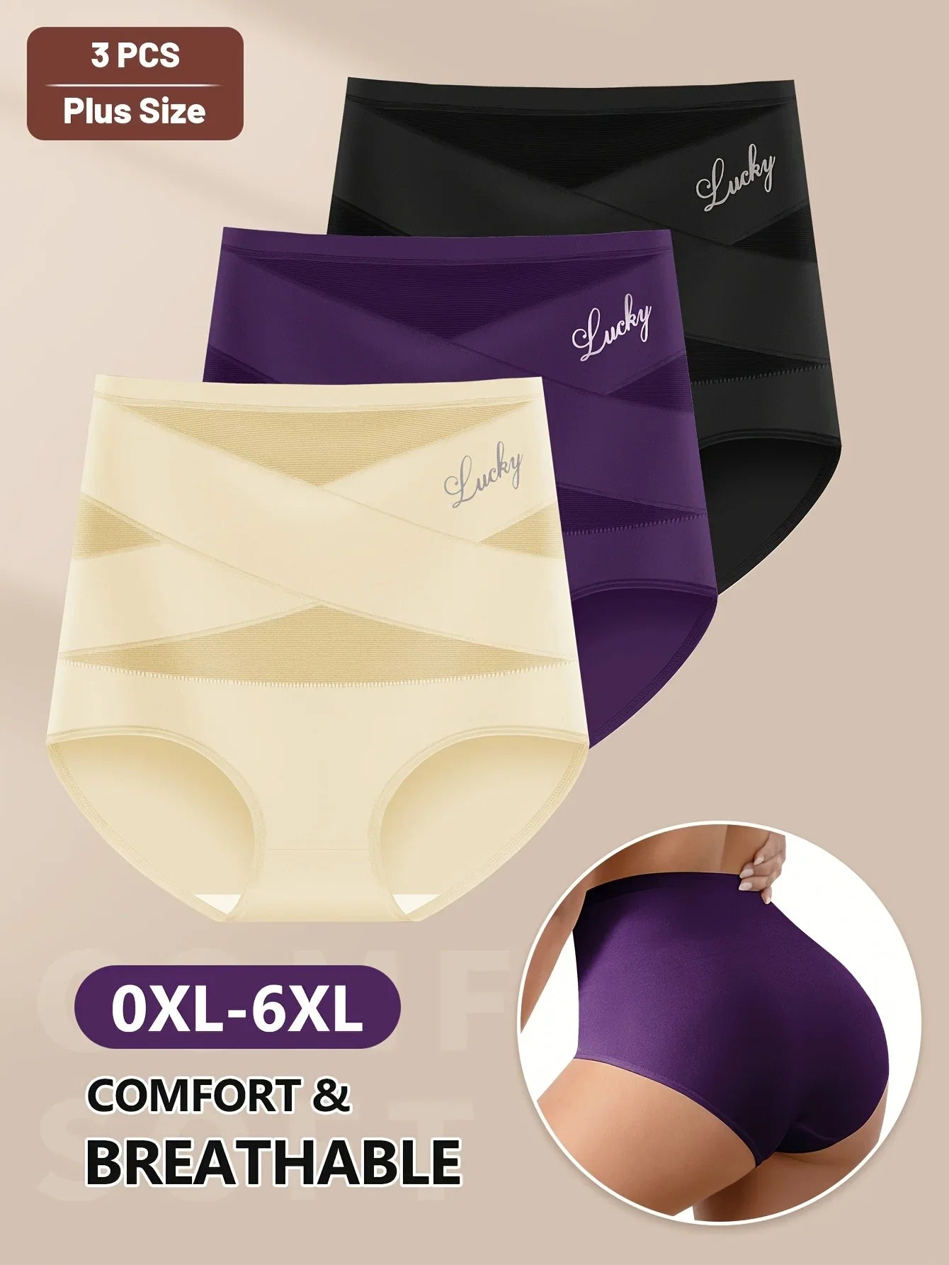 Set of 3 Plus-Size High-Waisted Shaping Panties for Women, Made of Breathable Mesh with Cross-Shaping Design, Seamless, And